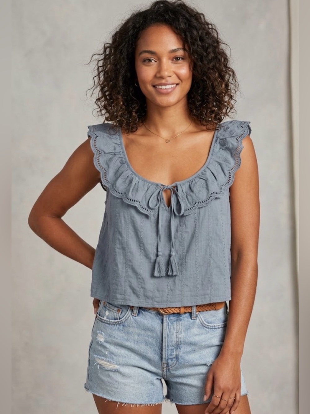 Shabby Chic Dusty Blue Ruffle Tie-Front Camisole